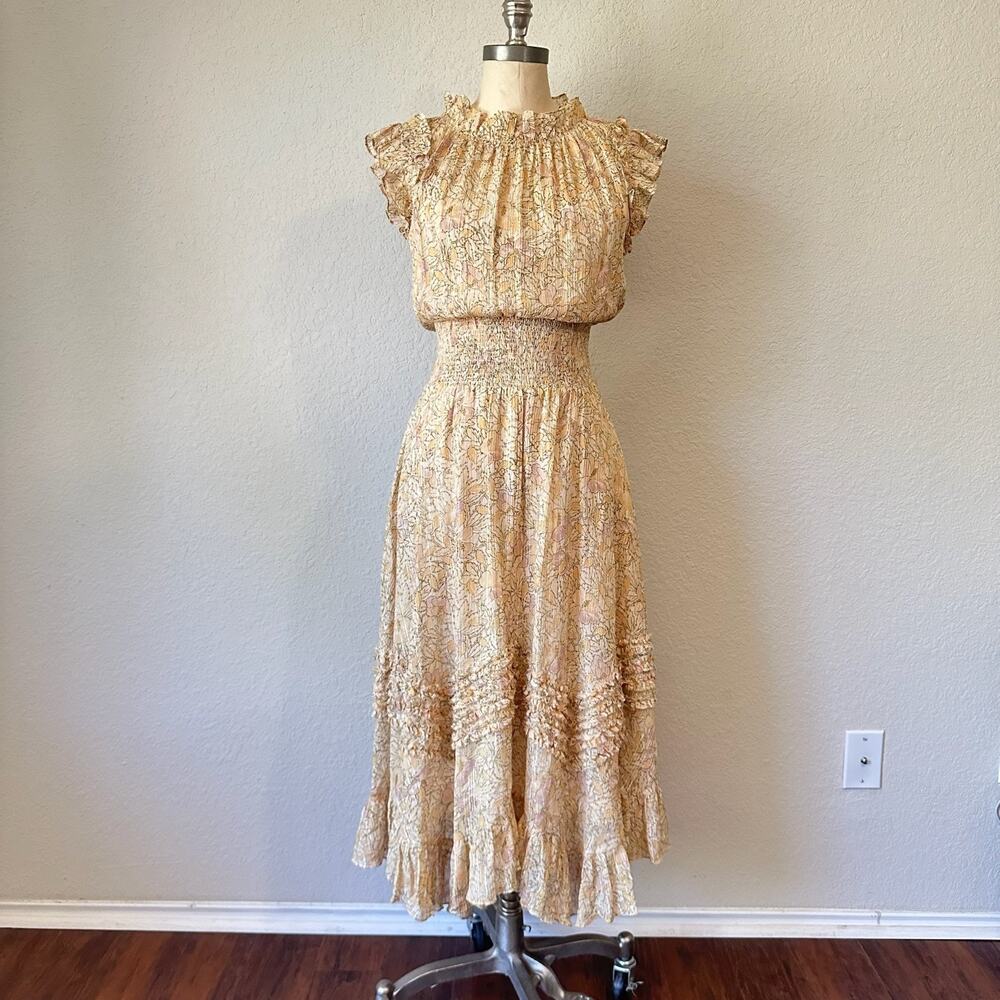 REBECCA TAYLOR Dress Cream Floral Silk Ruffled Smocked Metallic Party